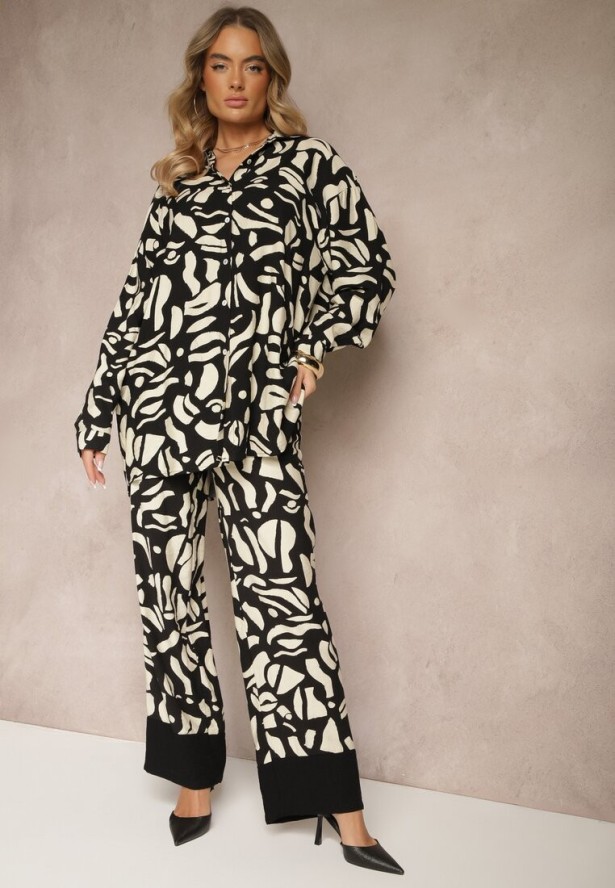 Czarny Komplet z Lnu i Wiskozy Koszula i Spodnie z Abstrakcyjnym Wzorem Paliris