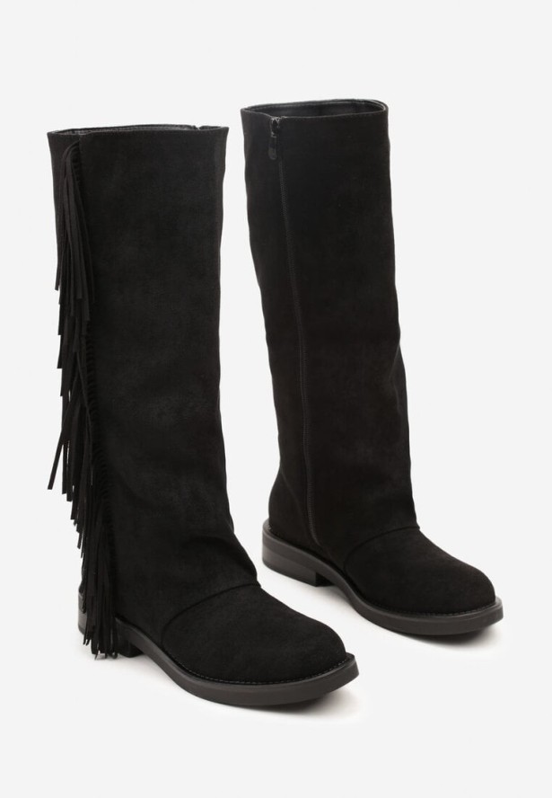 Czarne Kozaki z Imitacji Zamszu w Estetyce Boho Zdobione Frędzlami Vemarose