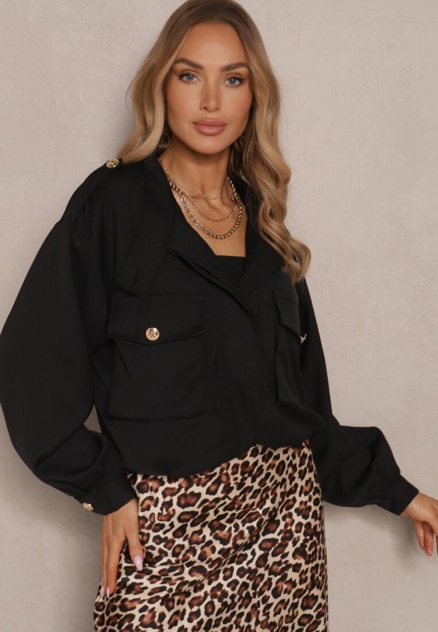 Czarna Pudełkowa Kurtka ze Stójką i Troczkiem w Pasie Zdobiona Guzikami Casalla