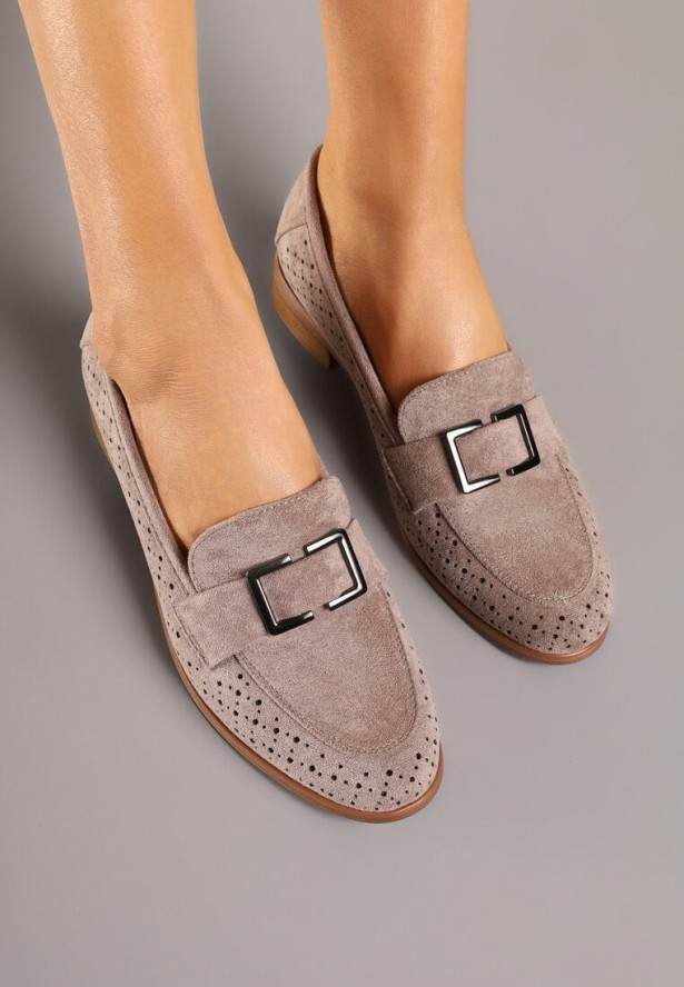 Ciemnobeżowe Mokasyny ze Skórzaną Wkładką i Aplikacją Meratheia