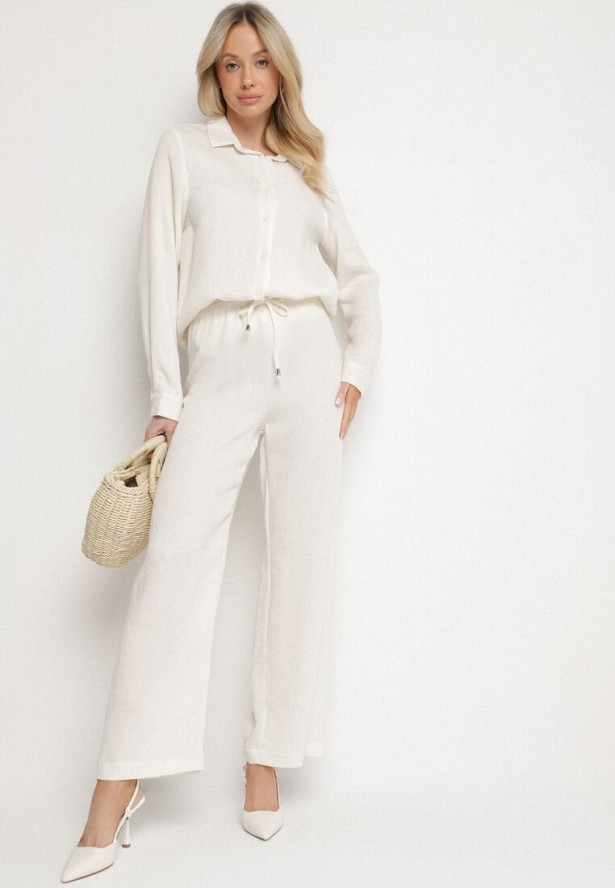 Białe Szerokie Spodnie z Wiskozy z Wiązaniem w Talii Lilriz