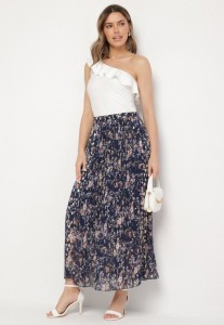 Granatowa Rozkloszowana Spódnica Plisowana z Metalicznym Nadrukiem w Kwiatowy Wzór Folireia