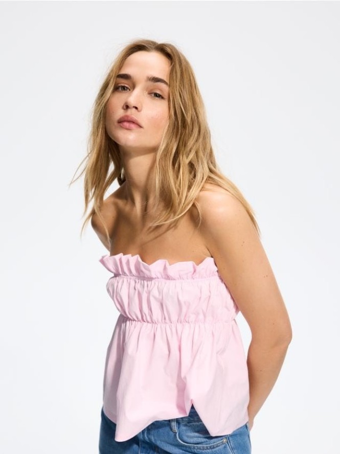Crop top z marszczeniami - pastelowy róż