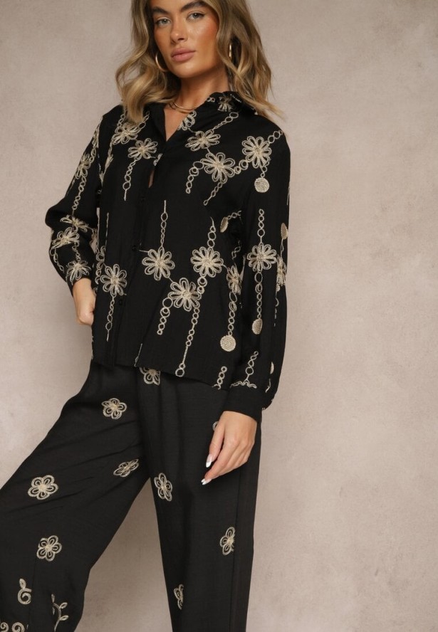 Czarny Komplet z Bawełny Koszula i Spodnie z Haftem z Metalicznymi Przeszyciami Banorea