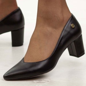 Czarne lico skórzane Polskie czółenka damskie na słupku Prestige 2105 OBL