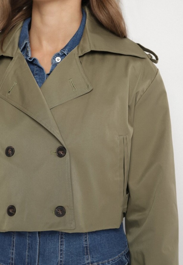 Ciemnozielona Kurtka Dwurzędowa w Stylu Krótkiego Trencza z Wiskozy i Bawełny Tirdexis