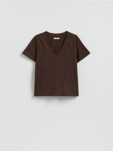 T-shirt regular z dekoltem V - ciemnobrązowy