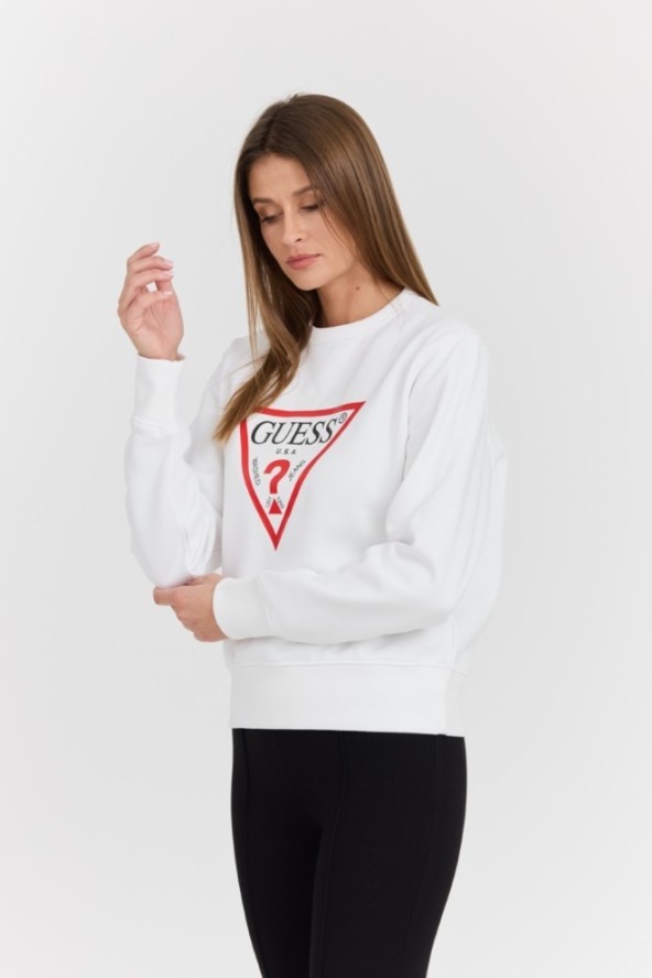 GUESS Biała damska bluza z dużym logo Original Fleece, Rozmiar S