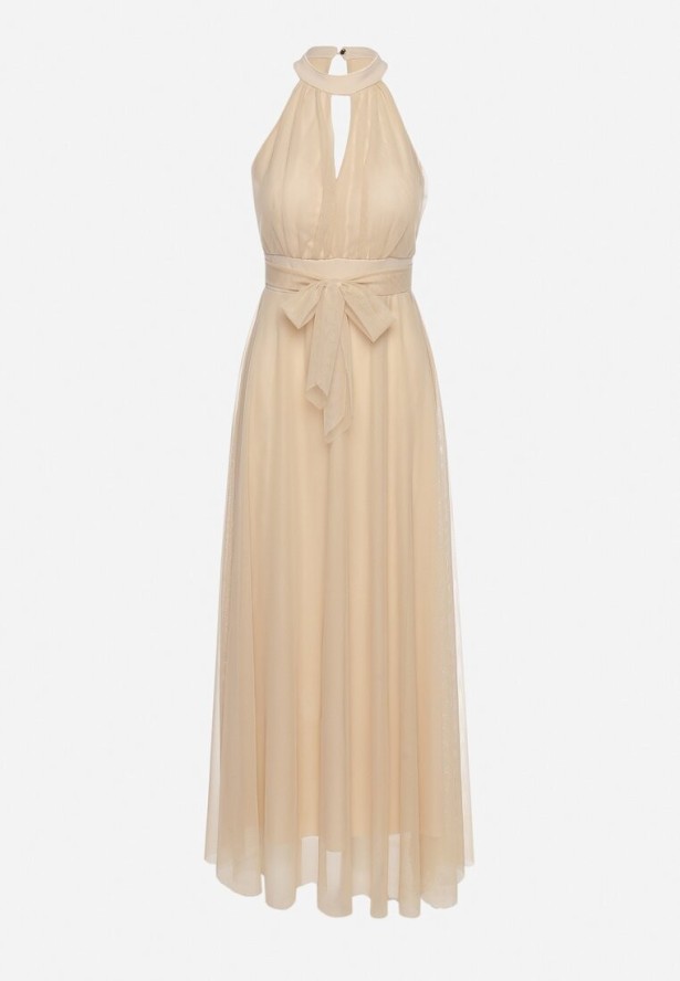 Beżowa Wieczorowa Sukienka ze Stójką Wiązana w Talii Ozdobiona Siateczką Nestasoni