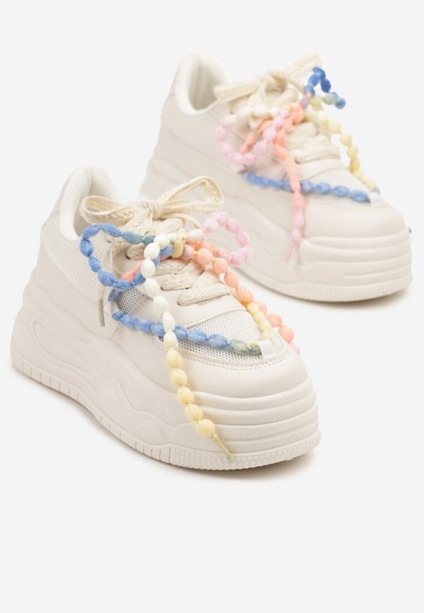 Beżowe Sneakersy na Grubej Podeszwie Ozdobione Koralikami Amomera