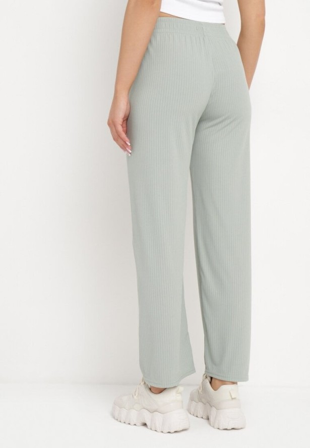 Zielone Prążkowane Spodnie Szerokie z Gumką w Pasie Drasia