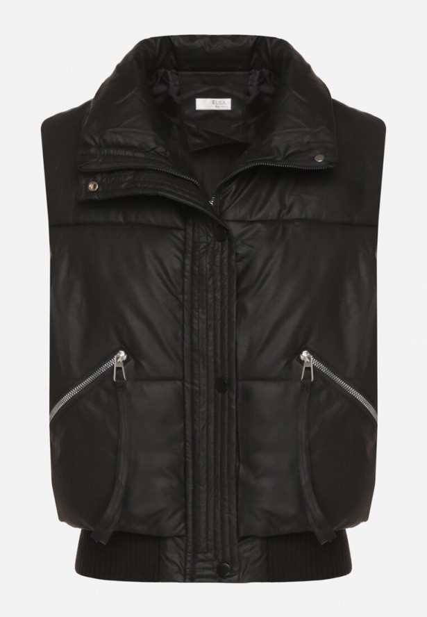 Czarna Pikowana Kamizelka Przejściowa z Imitacji Skóry Isokira