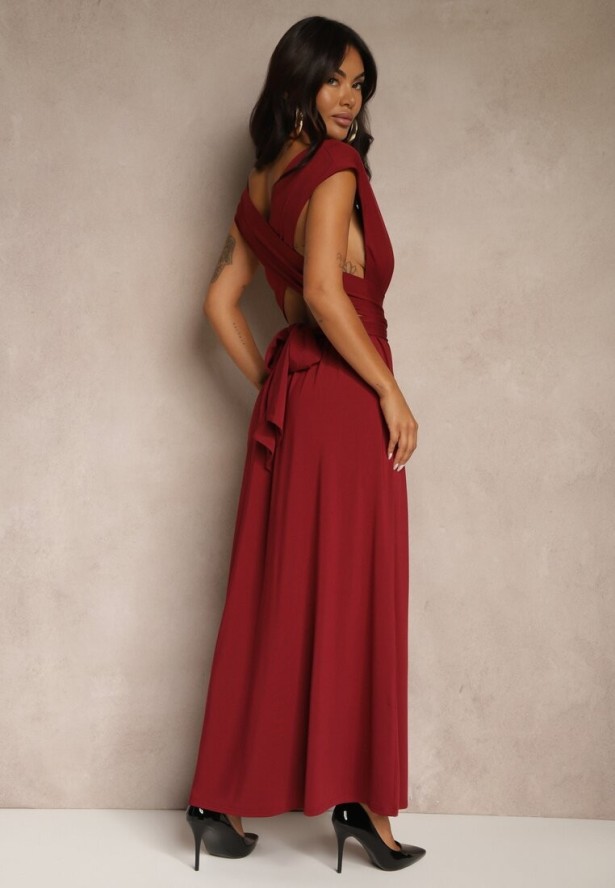 Bordowa Sukienka Koktajlowa Multiway z Wiskozą Wiązana na Szyi Lilovea