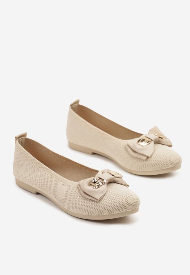 Beżowe Balerinki z Kokardą i Metalicznymi Ozdobami Litelline