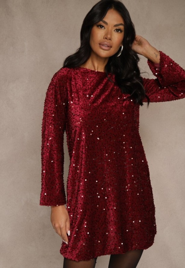 Czerwona Sukienka z Odkrytymi Plecami z Kokardą Zdobiona Cekinami Carilyera