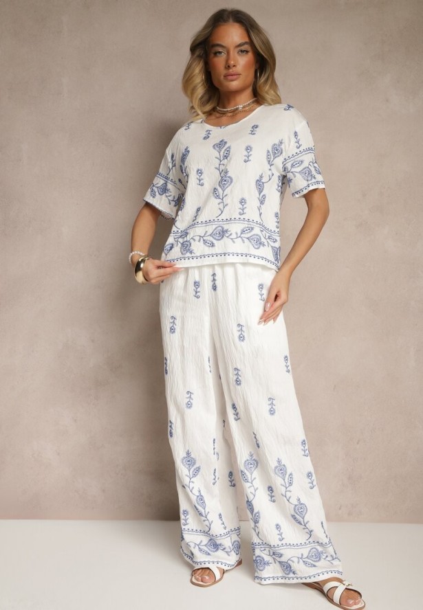Biały Wiskozowy Komplet z Ozdobnym Haftem Koszulka i Spodnie o Szerokim Kroju Tealenea