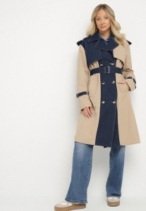 Niebieski Płaszcz Trencz z Bawełną Ozdobiony Jeansowymi Wstawkami Tirsedi