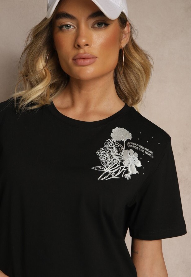 Czarny Bawełniany T-shirt z Ozdobnym Nadrukiem i Cyrkoniami Teomala