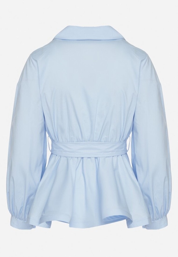 Niebieska Koszula z Gumką w Talii z Materiałowym Paskiem Lanothia