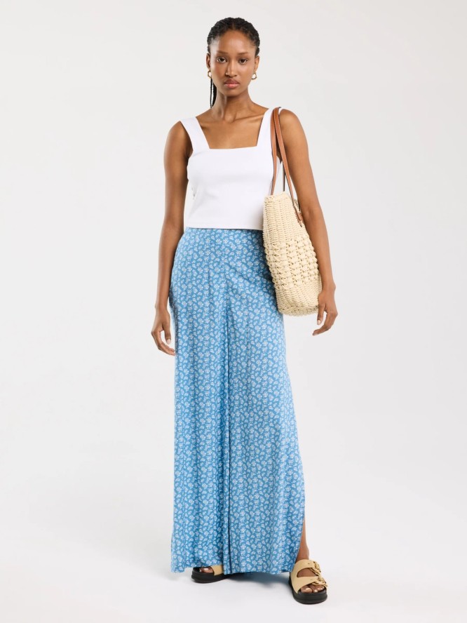 Spodnie damskie wide z wiskozy z motywem kwiatowym niebieskie Bohimi 402