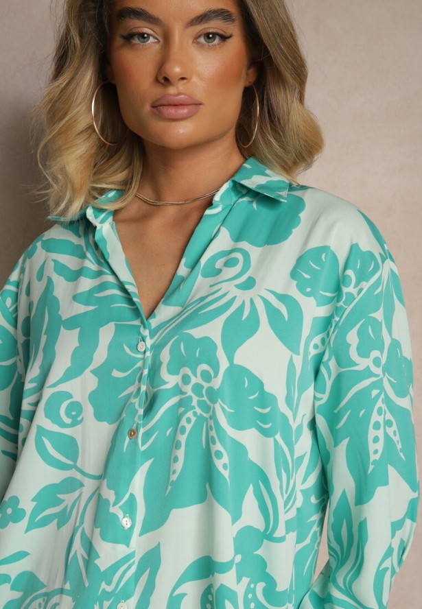 Niebieska Koszula Oversize w Kwiatowy Print Boinea