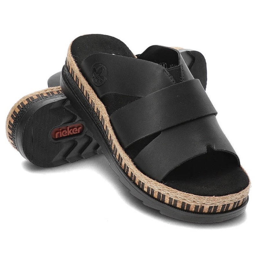Czarne Klapki Rieker Wygodne Buty Na Platformie