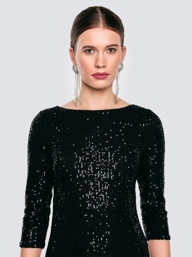 Sukienka damska midi cekinowa z rękawem 3/4 czarna Alex 906
