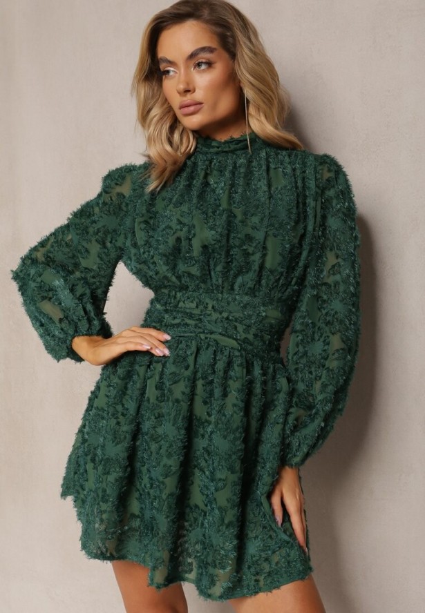 Zielona Koronkowa Sukienka Mini z Gumką w Pasie Netta