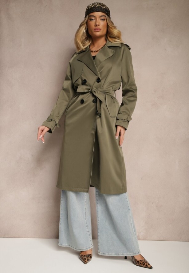 Ciemnozielony Długi Płaszcz Trencz Dwurzędowy z Paskiem w Komplecie Sabila