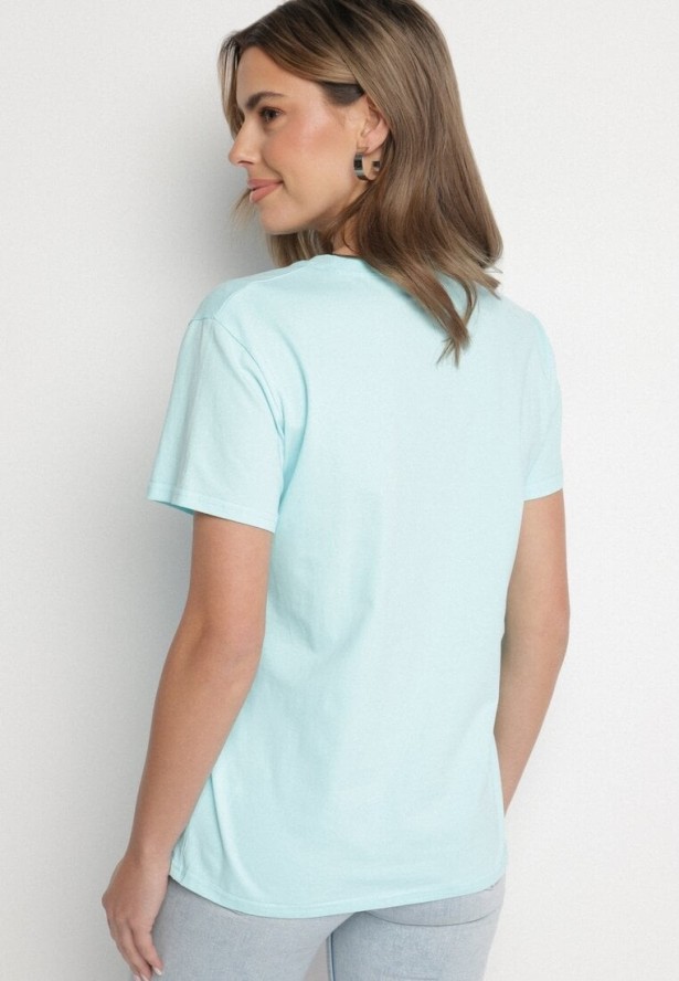 Jasnoniebieski Gładki T-shirt z Bawełny o Klasycznym Kroju Natime