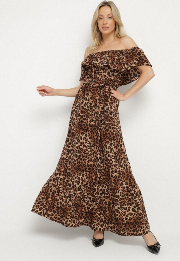 Brązowa Sukienka Hiszpanka w Panterkę o Rozkloszowanym Kroju z Gumką w Talii Giterta