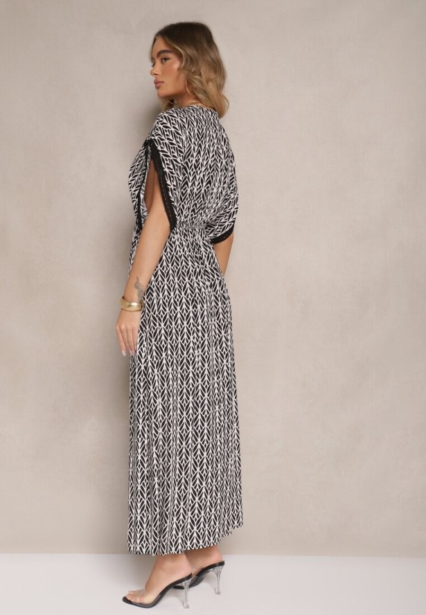 Czarno-Biała Sukienka Rozkloszowana z Bawełny Wykończona Koronką Lanadria