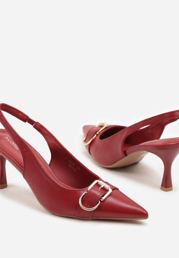 Bordowe Sandały na Szpilce Bez Pięty z Metaliczną Klamrą Polliviana