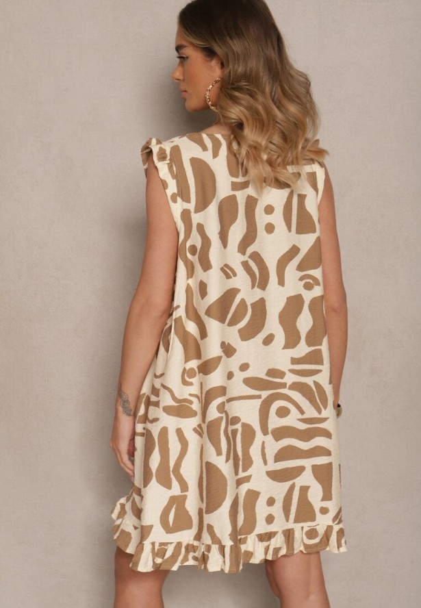 Beżowa Rozkloszowana Sukienka w Abstrakcyjny Print z Dekoltem w Kształcie V Mevioraia