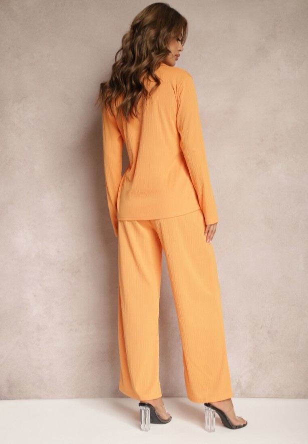 Pomarańczowy Komplet Casualowy Szerokie Spodnie z Gumką w Pasie i Koszula Sansia
