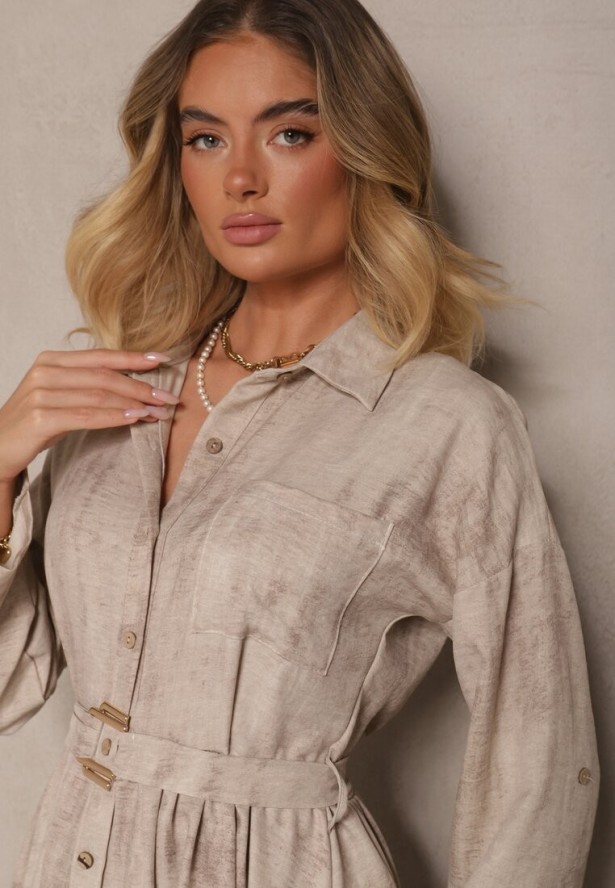 Beżowa Sukienka Koszulowa z Paskiem z Klamrą i Kieszonką Parmio