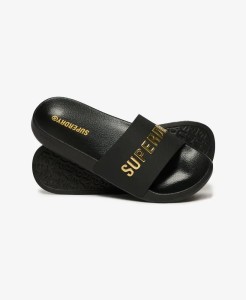 superdry Luxe Logo Pool Slide klapek basenowy z poliuretanu – BLACK/GOLD