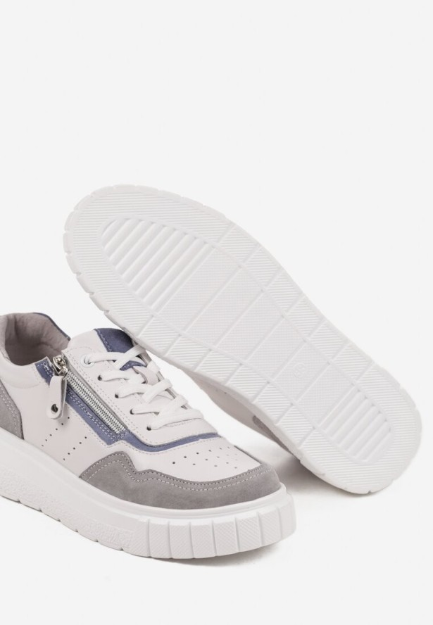 Biało-Szare Skórzane Sneakersy w Streetwearowym Stylu Zdobione Suwakiem Elearessa