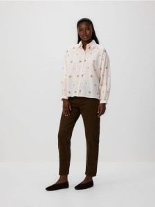 Bawełniana koszula z haftem - beżowy