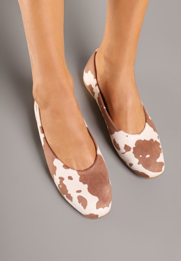 Brązowo-Beżowe Balerinki Ozdobione Abstrakcyjnym Motywem Daviveme