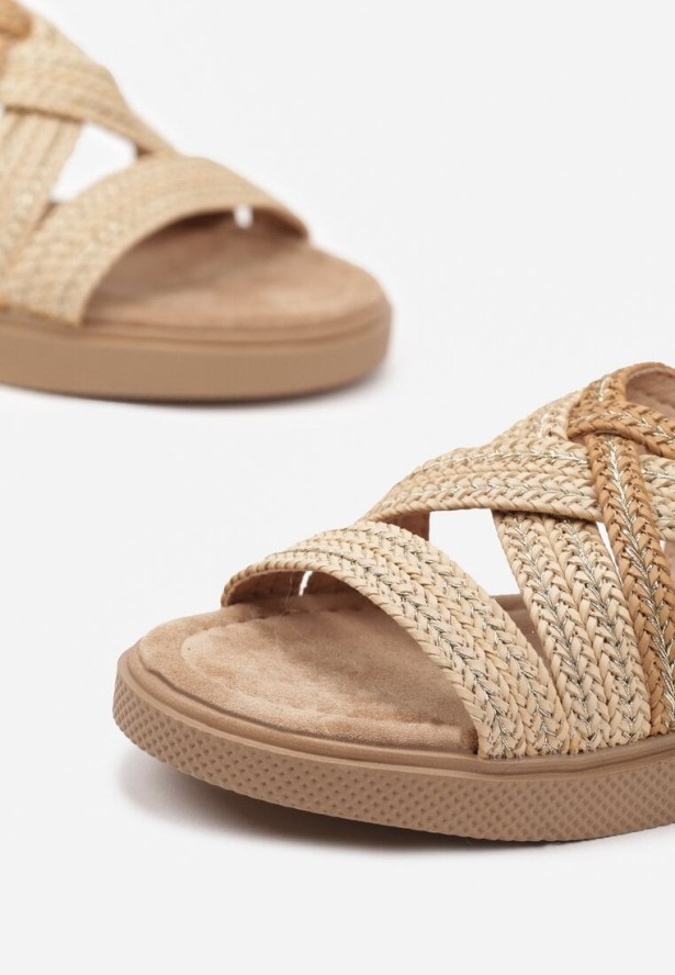 Ciemnobeżowe Sandały Ozdobione Plecioną Cholewką Selozi