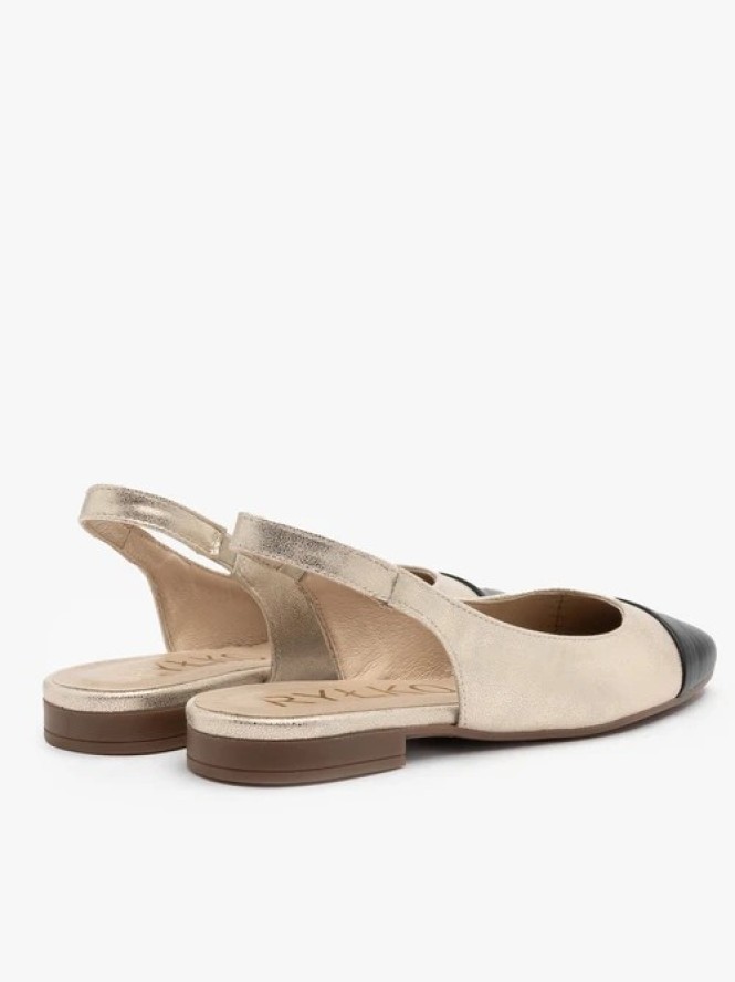 Platynowe baleriny typu slingback z czarnym noskiem
