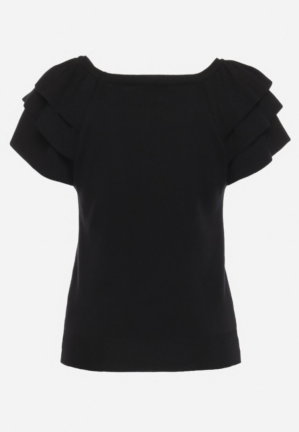 Czarna Bluzka z Falbankowymi Rękawami i Broszką z Cyrkonii Julietts