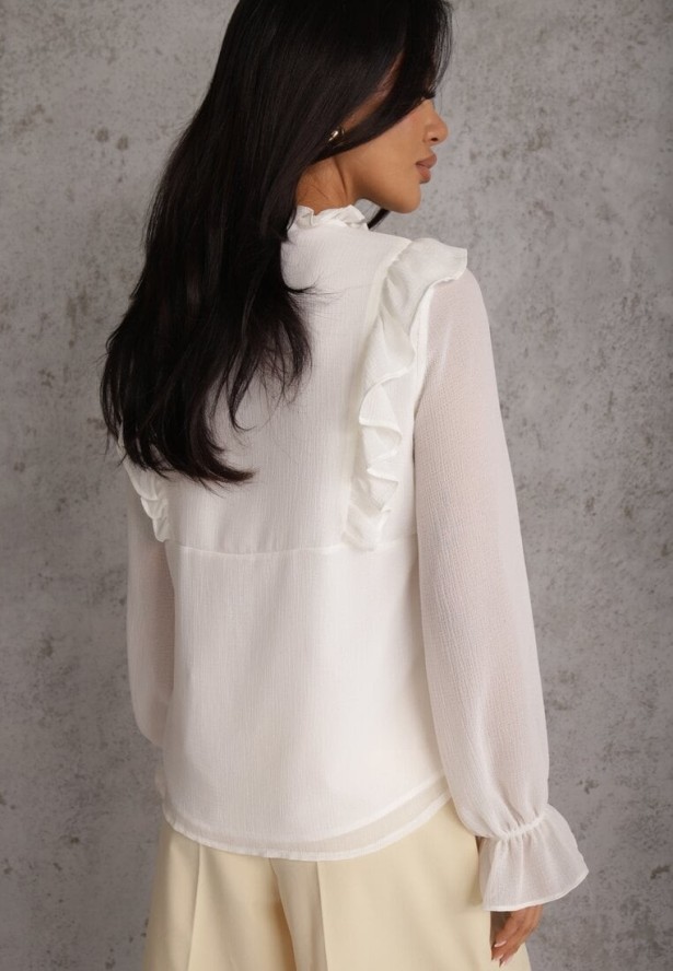 Biała Bluzka w Stylu Coquette z Falbankami i Wiązaniem przy Szyi Seathrina