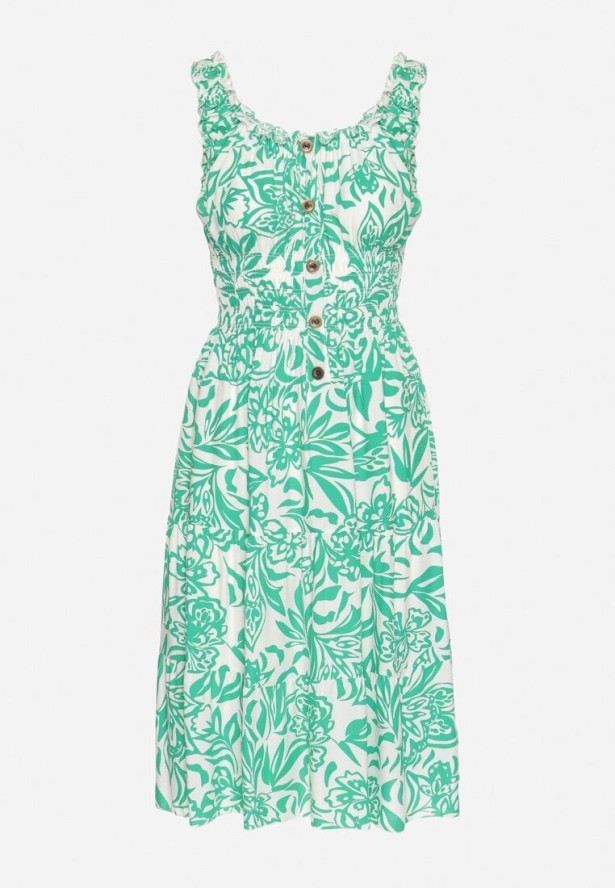 Zielona Bawełniana Sukienka Rozkloszowana Ozdobiona Guzikami Lisavena