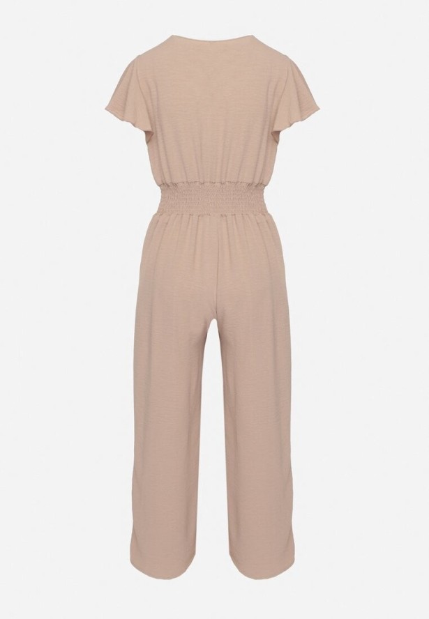 Beżowy Kombinezon z Kopertowym Dekoltem i Szeroką Gumką w Pasie Evimevi