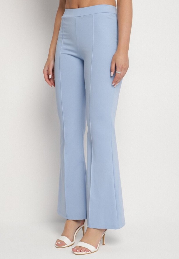 Niebieski Komplet Garniturowy Bluzka Hiszpanka z Guzikami i Spodnie Dzwony Yaskio