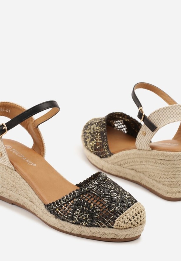Czarne Ażurowe Sandały w Stylu Boho na Koturnie z Plecionki Tenalisea
