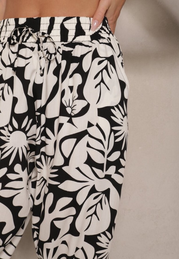 Czarne Spodnie z Wiskozy High Waist w Kwiatowy Wzór Niliannea