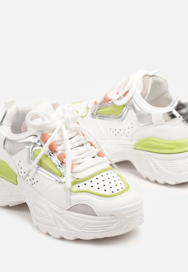 Biało-Zielone Sneakersy na Grubej Podeszwie z Tłoczeniami Lilasea
